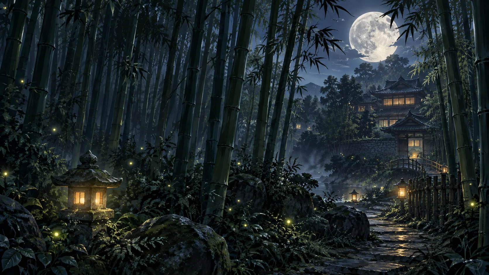 竹林と永遠亭を想像して描いた二次創作風景