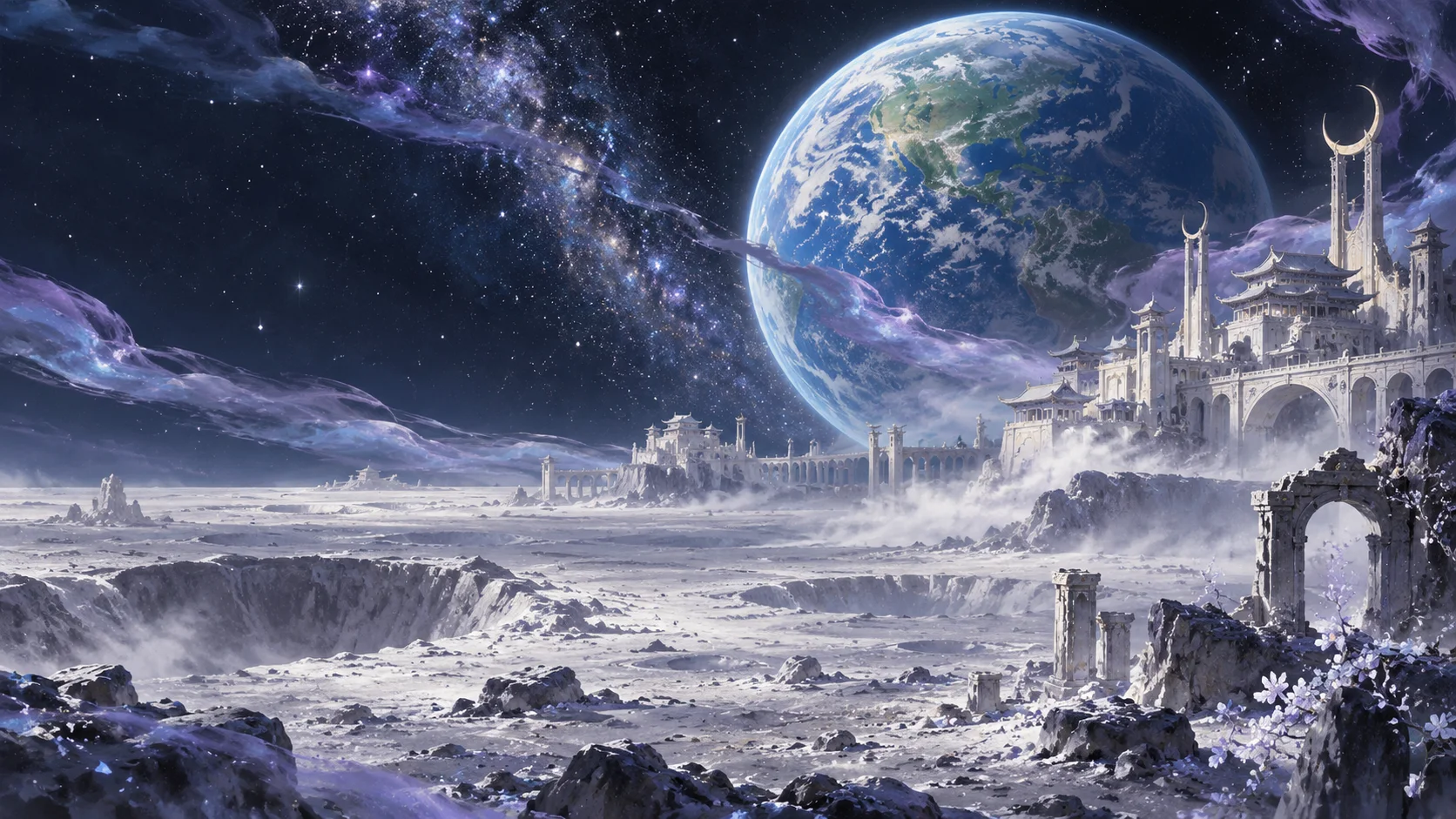 夢の世界と月を想像して描いた二次創作風景