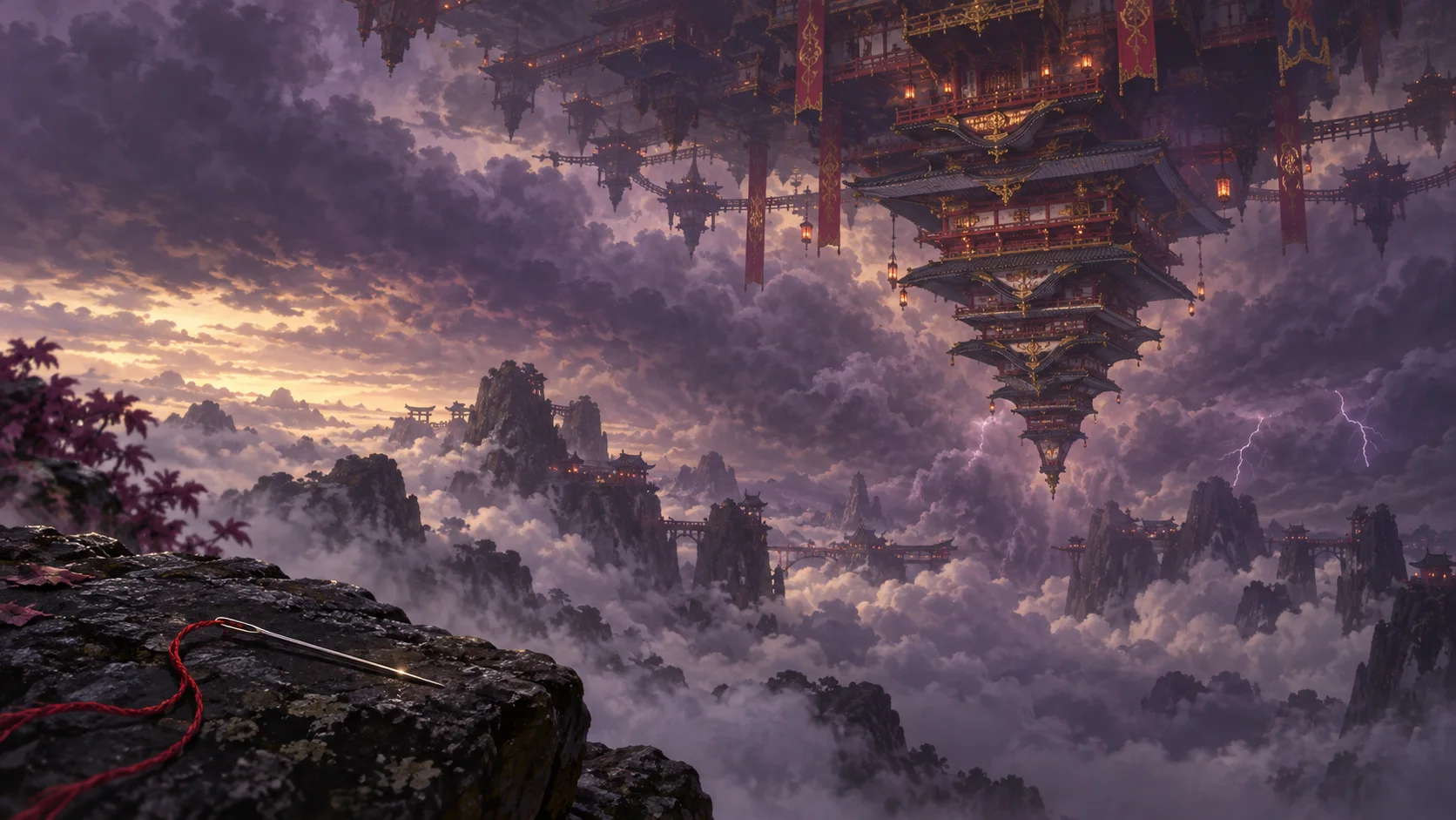 道具と逆さ城を想像して描いた二次創作風景