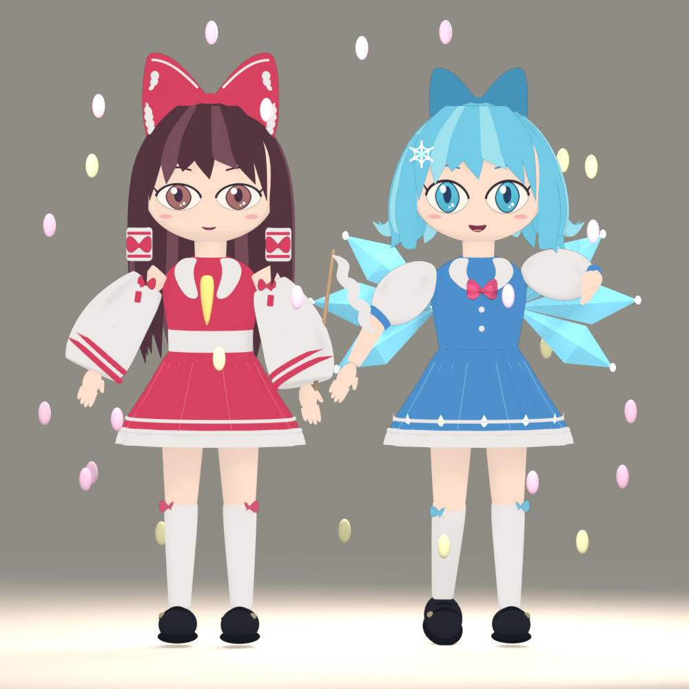 赤いリボンの霊夢と氷の羽のチルノ