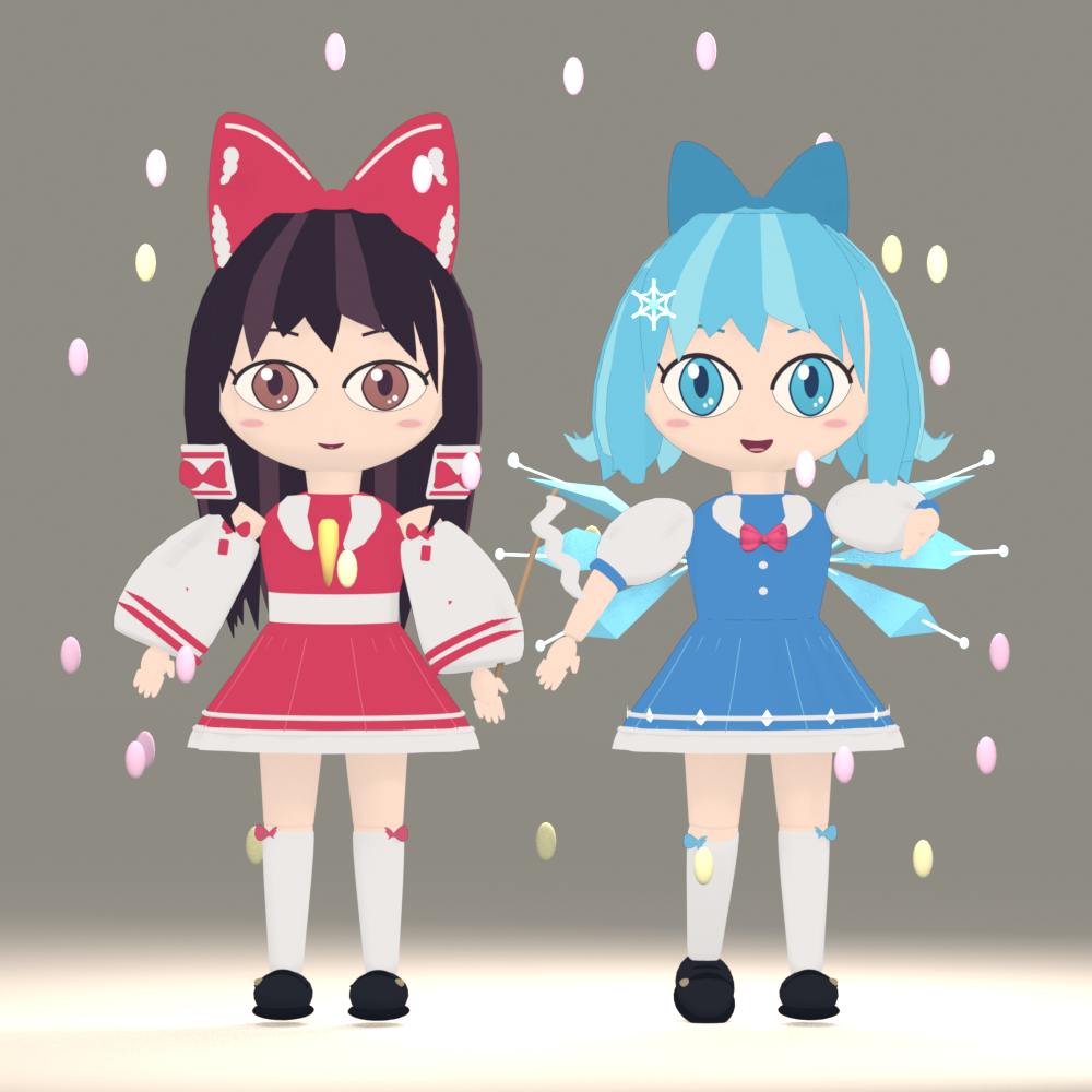 Blenderで制作した霊夢とチルノのお祝いポートレート