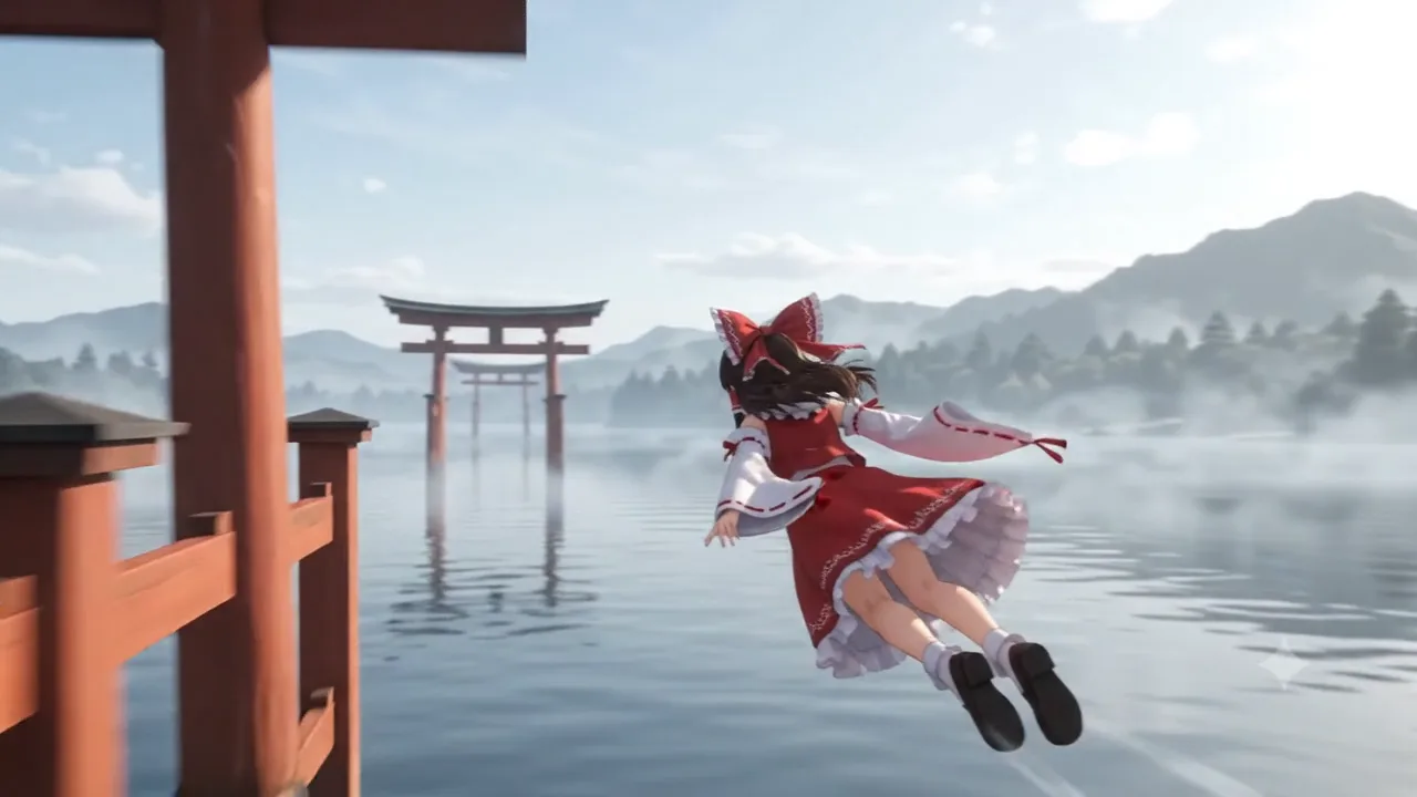 霧の湖と鳥居の間を飛ぶ霊夢。東方シューティング Ver2「幻想郷の三重奏」のオープニング。