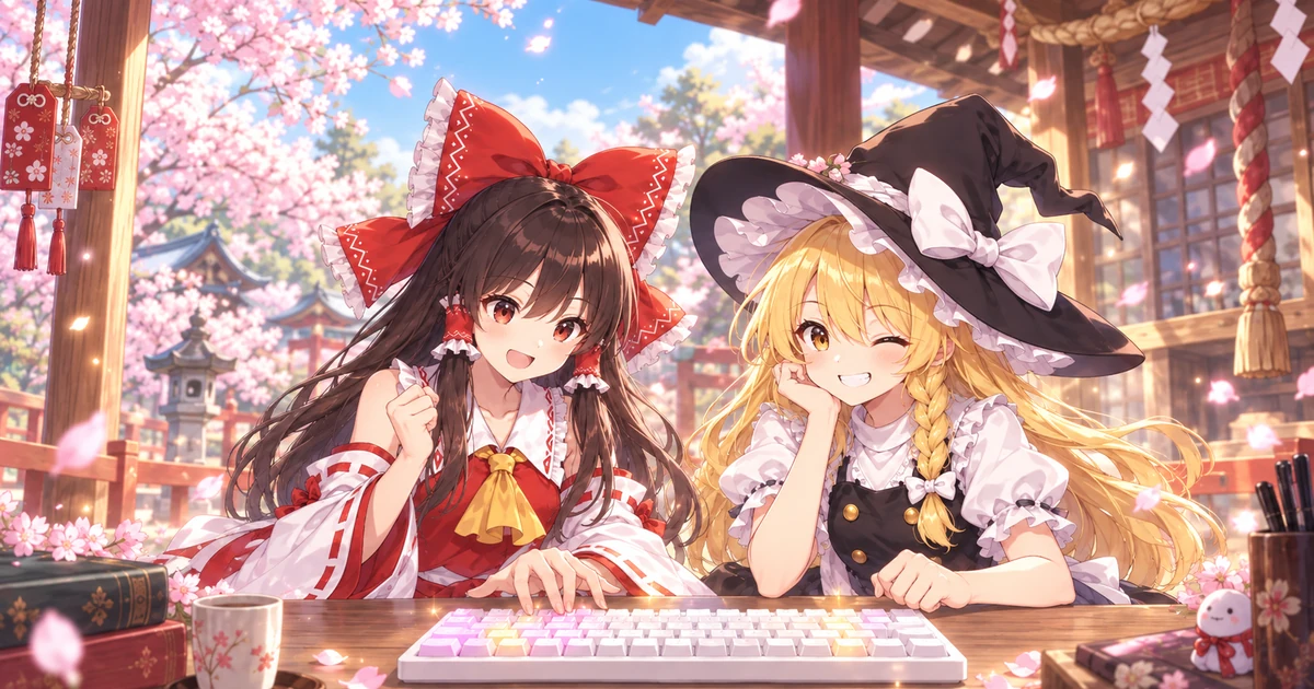 霊夢と魔理沙が桜の神社でタイピングを応援する、幻奏タイピング2のイラスト