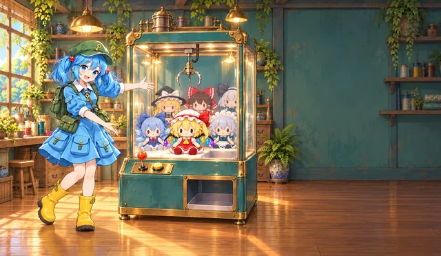 ぬいぐるみの入ったクレーンゲームと河城にとり